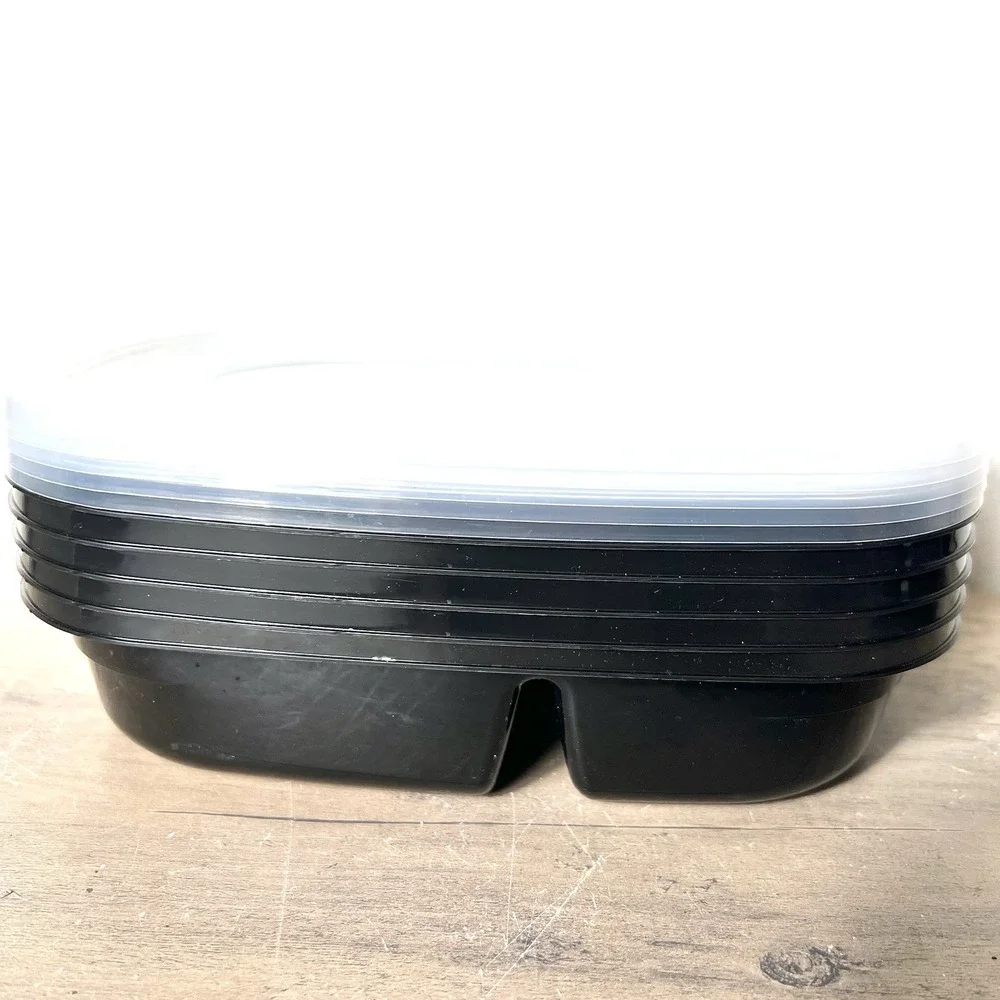 Meal‎ Prep Containers 2-Compartment Black w/ Lids Reheat-Only PP #5 Set of 5